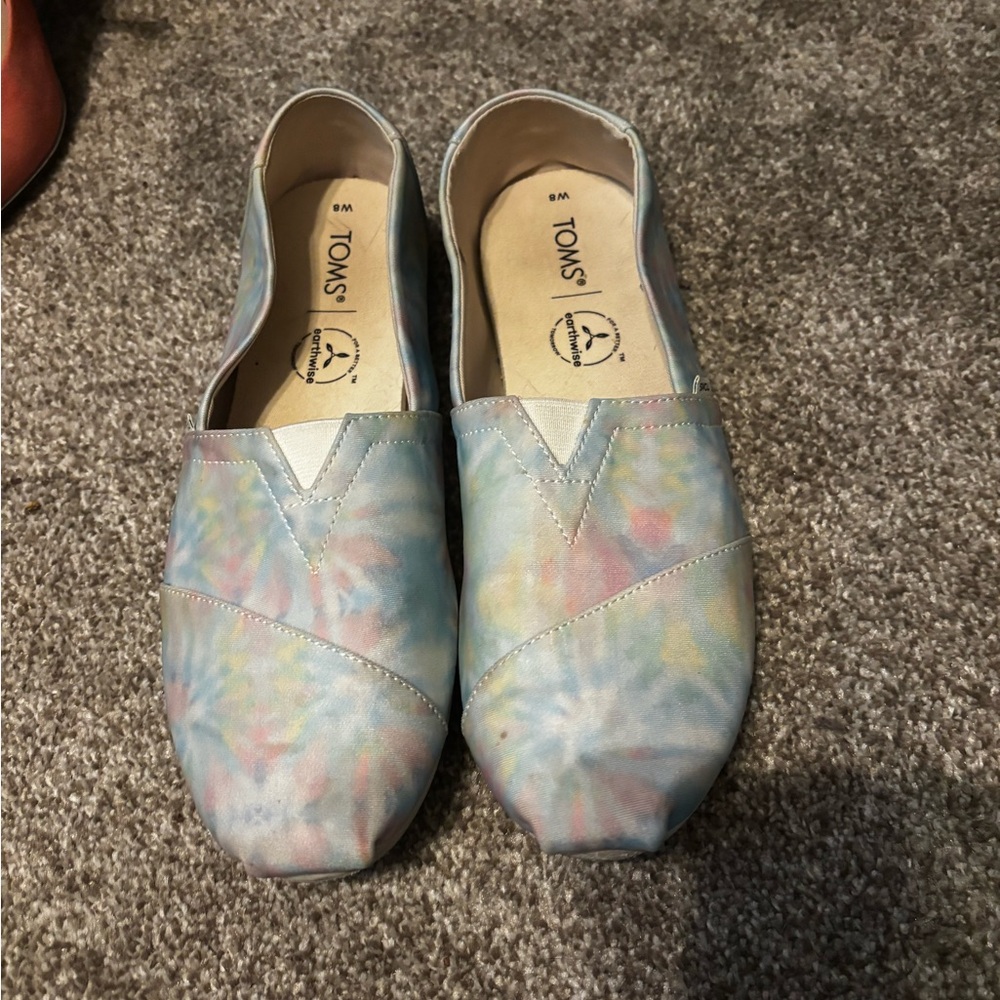 Toms Blue and Pink Flats with Watercolor Design